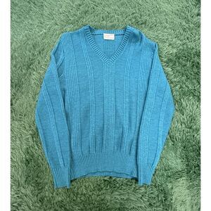 Vintage ClipperMist Men's M Blue Teal V-Neck Ribbed Knit Sweater Made in USA